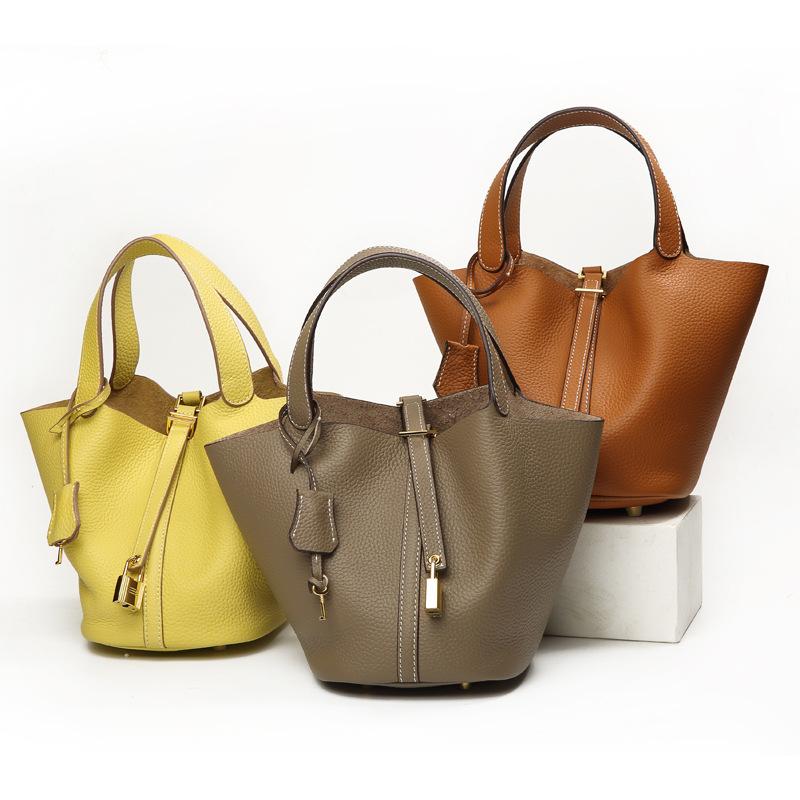 First Layer Cowhide Niche Handbag High Version Vegetable Basket Bag Genuine Leather Large Capacity High-end Sense Exquisite Bucket Bag