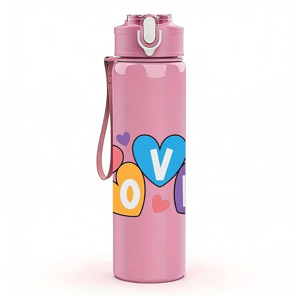 1PC Love Word Multicolor Heart Doodle Design 750ml Color Plastic Sports Water Bottle Leakproof Flip Straw Lid Suitable for Sports Office Home Use
