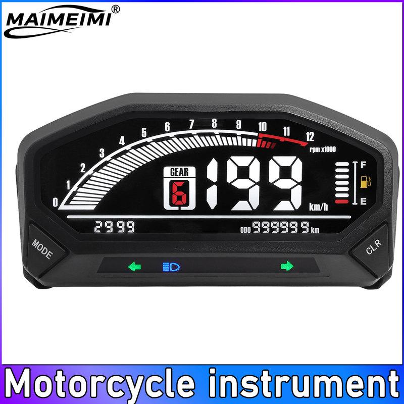 QC Universal Digital Motorcycle Speedometer Tachometer Gauge Digital 12V Odometer Fuel Meter LED Indicator Instrument Speed