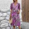 Women's Fashion Printed Lace Encrusted V-Neck Short Sleeve Dresses