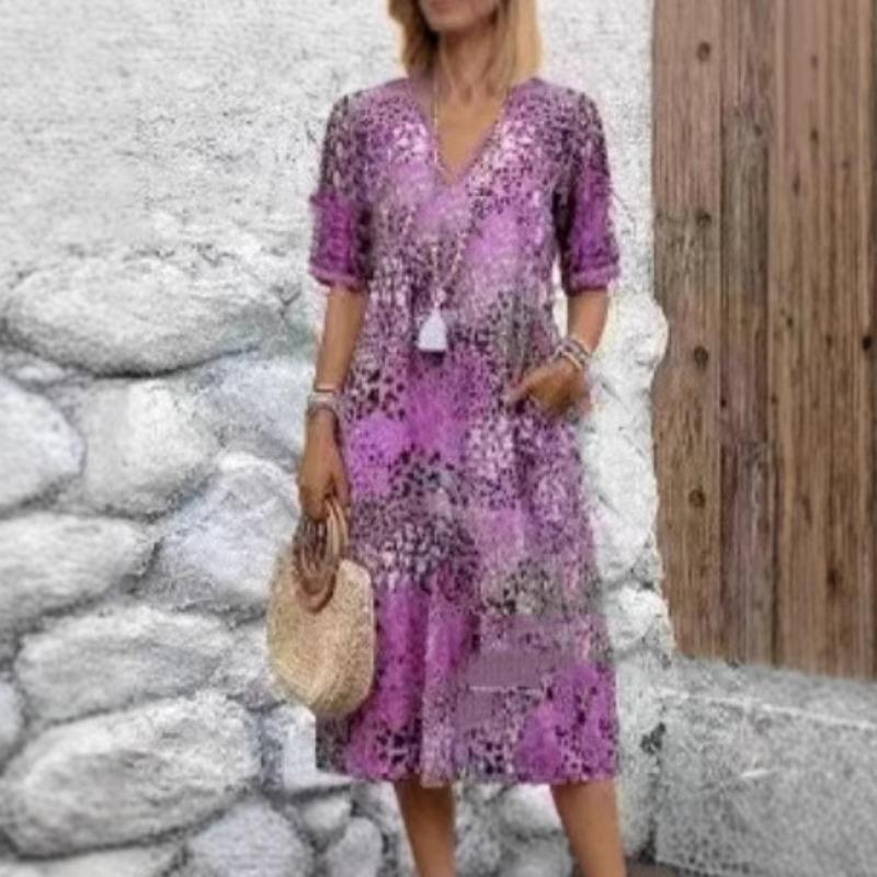 Women's Fashion Printed Lace Encrusted V-Neck Short Sleeve Dresses