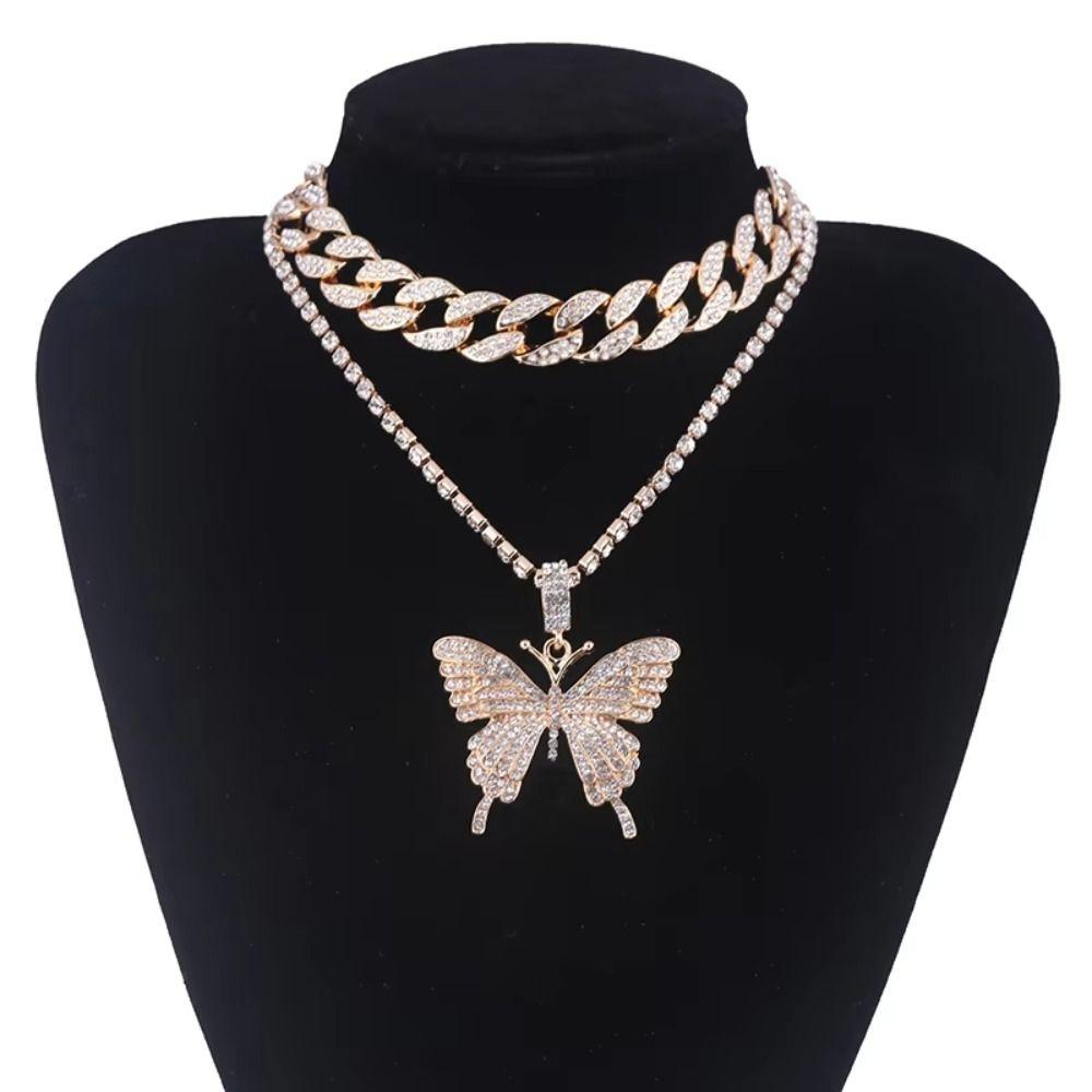 Rhinestone Bling Necklace Trendy Fashion Collars Necklace Butterfly Pendant Necklace for Women