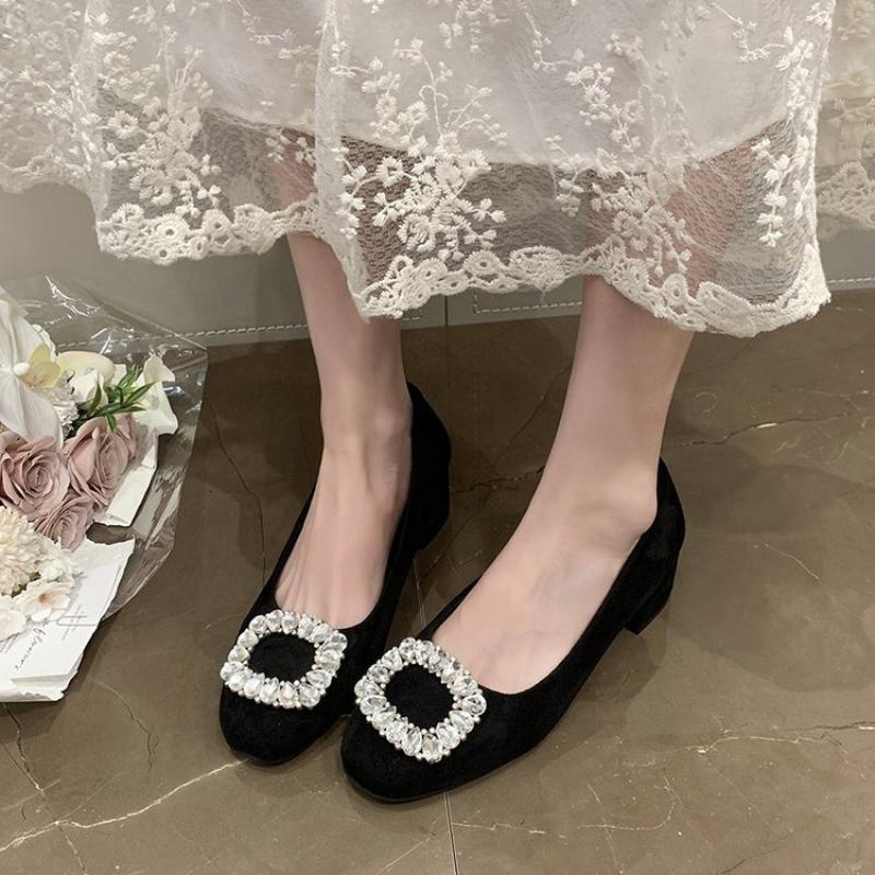 French Thick Heel Single Shoes Women's New Black Elegant Rhinestone High Heels Women's Low Cut New Shoes