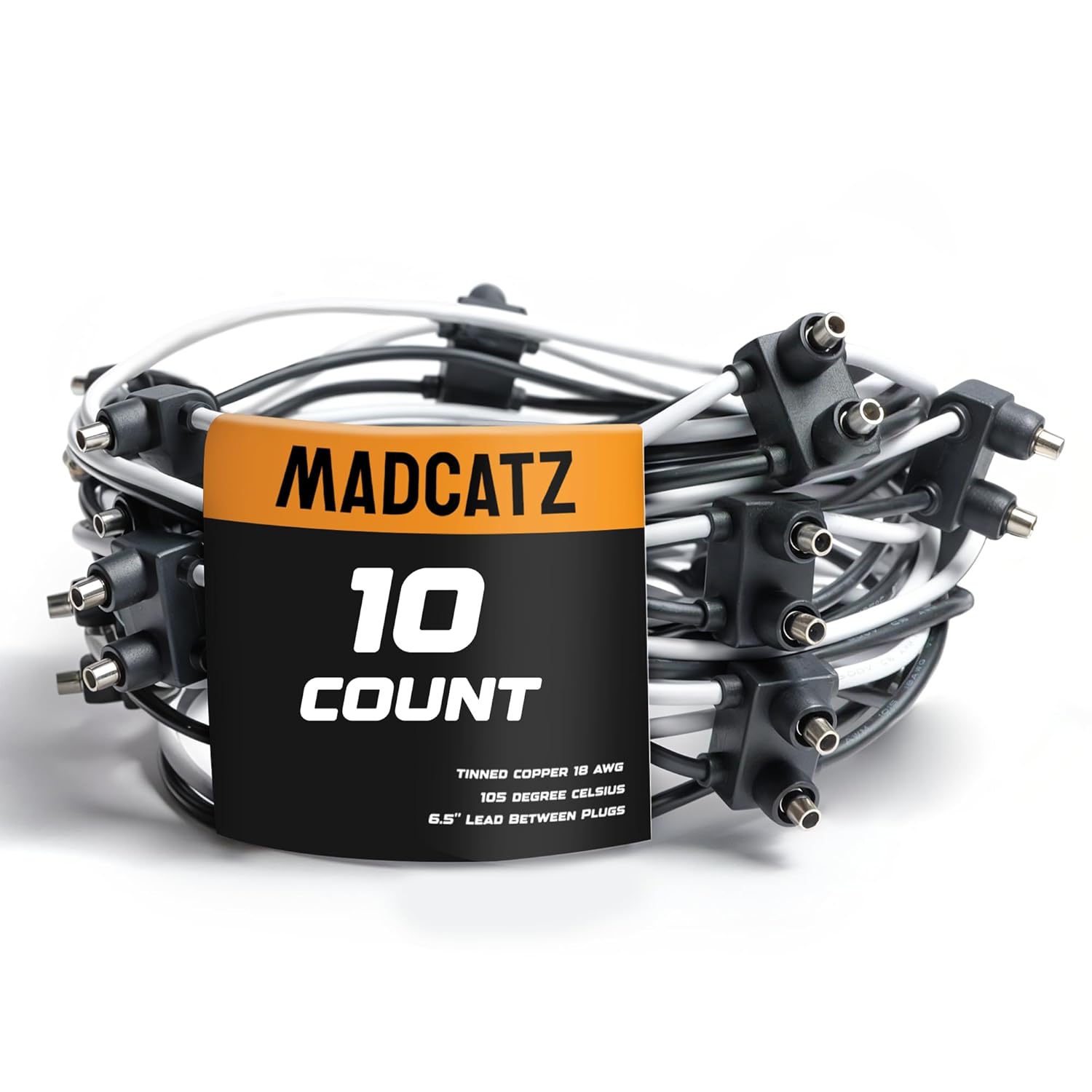 

MADCATZ 10 Counts 18AWG Double Male Bullet Plug 2-Prong Continuous Wire Harness Roll - 6 Inch Lead Between Plugs, Side Marker Lights, Truck, Trailer, 18AWG
