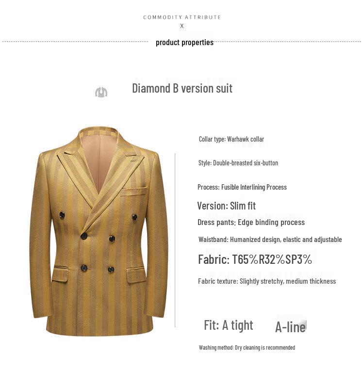 Herren Gestreifter Zweireiher Anzug im koreanischen Stil Goldenes Zweiteiler-Set für Herbst und Winter