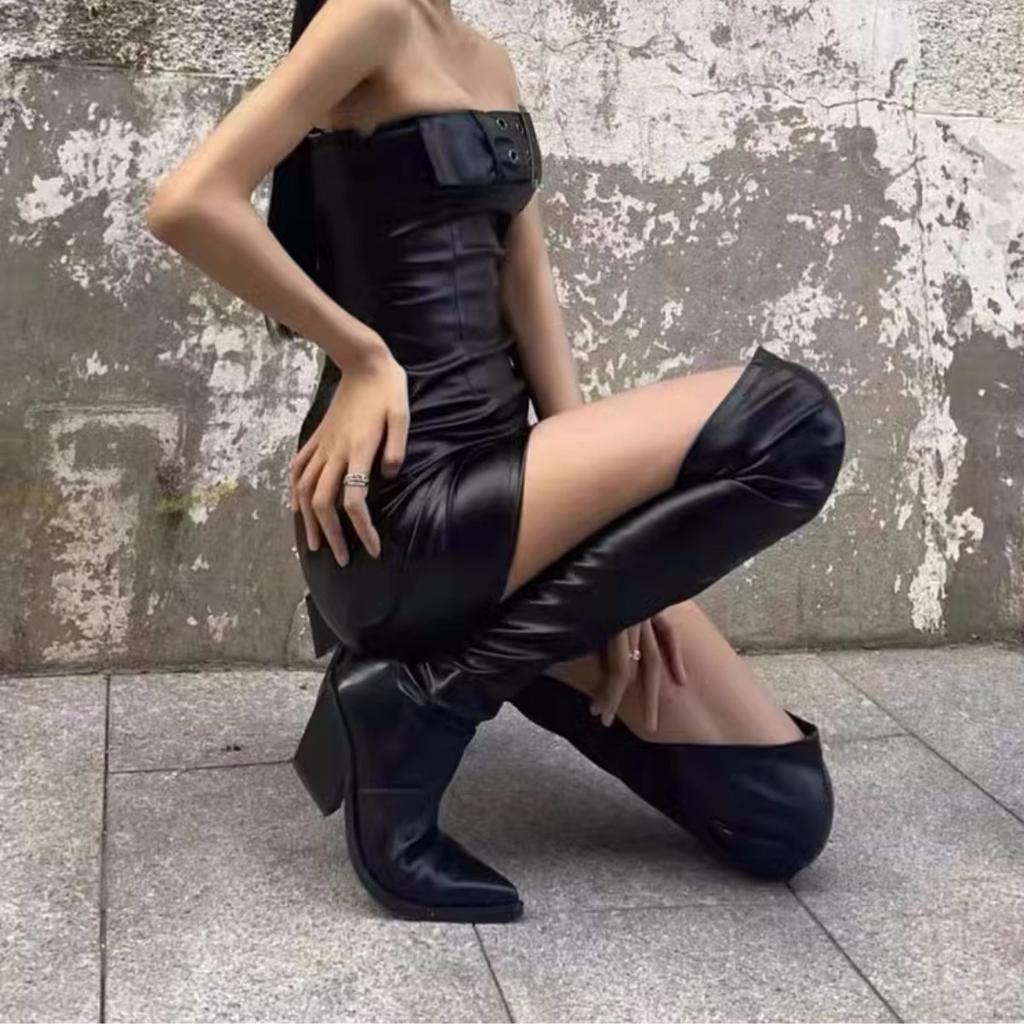 Leisure Over Knee Boots Female Spring Autumn Casual ZIP Fashion Women Shoes Hoof High Heels Solid Leather Motorcycle Boots