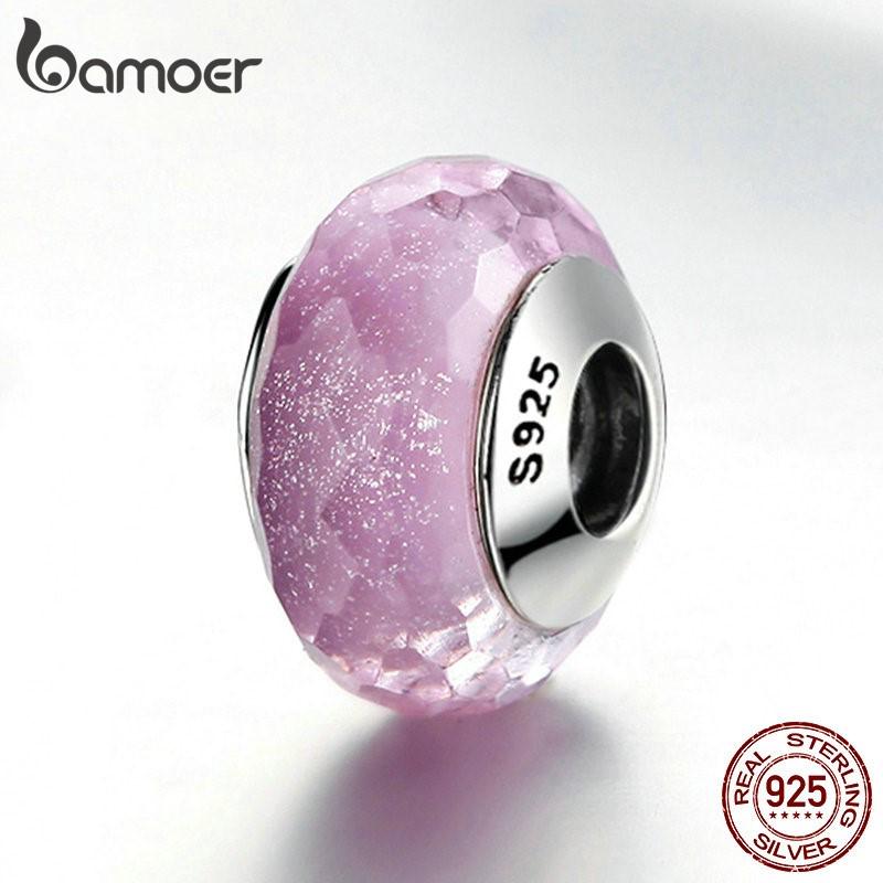 Bamoer Hot Selling Beautiful Pink Shimmer European Murano Glass Bead Charm Suitable for DIY Bracelet