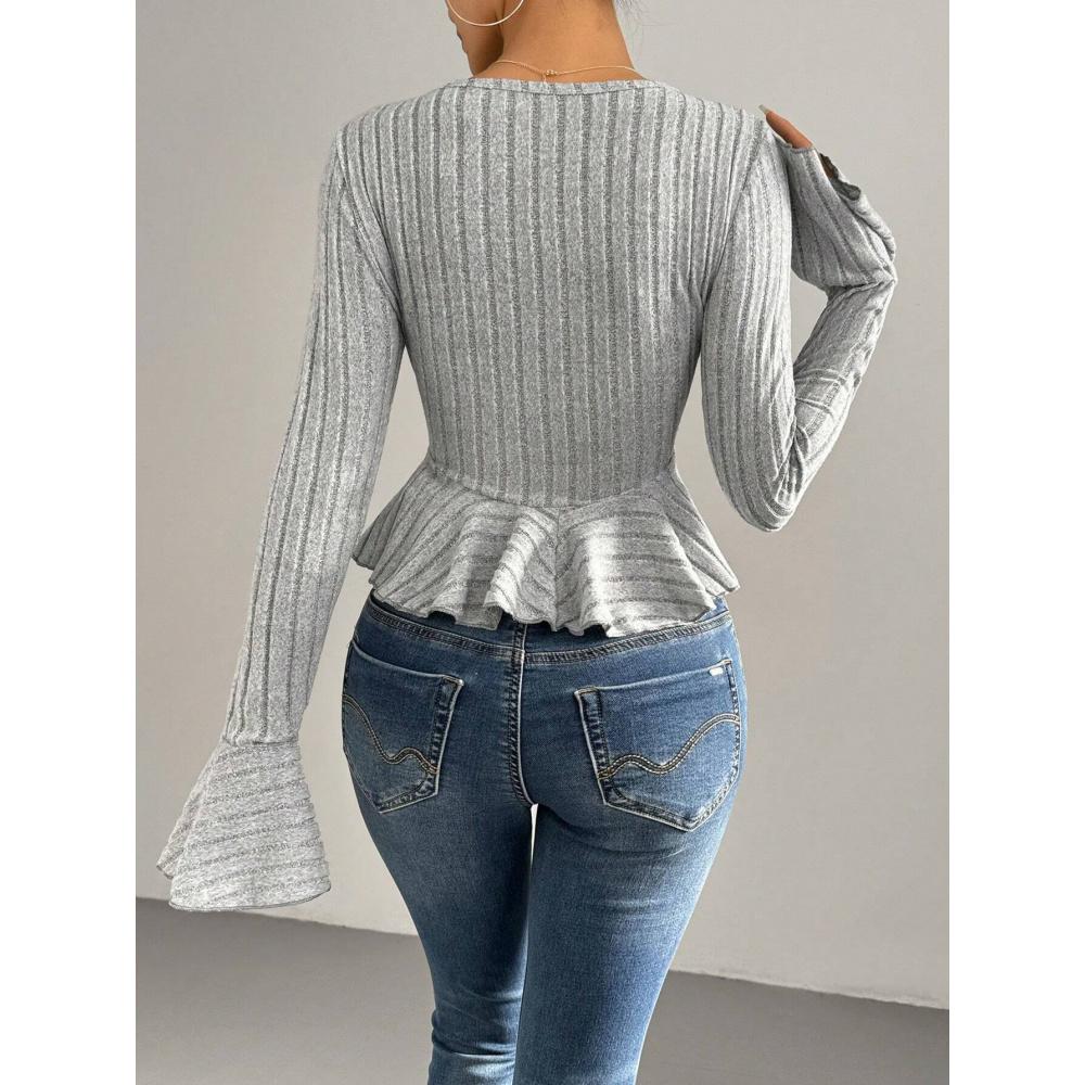 Women's Elegant Style T-Shirt Autumn Winter New V-Neck Ruffle Slim Fit Temperament Fleece Top