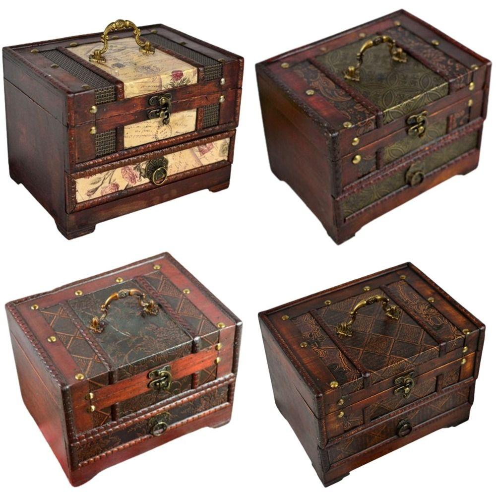 Intricate Carved Retro Distressed Storage Box Creative Dressing Box Wooden Treasure Box  Rings