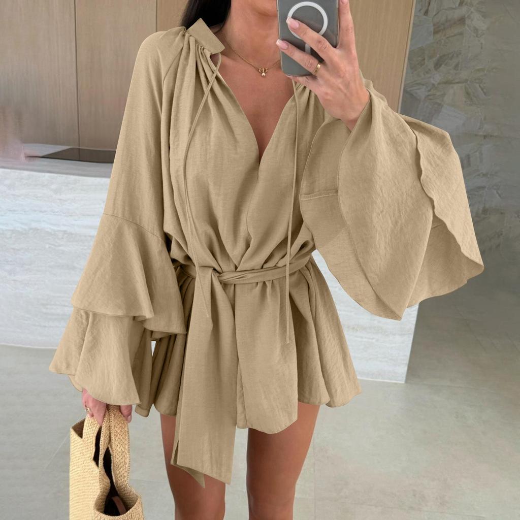 Women's Fashionable Solid Color V-neck Irregular Lace Long Sleeved Loose Top