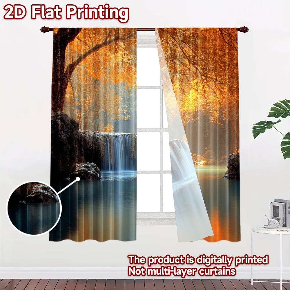 2D Flat Printing 2pcs Party Curtain Autumn Forest Waterfall Nature Digital Printed Polyester Drapes Family Party Decoration Use