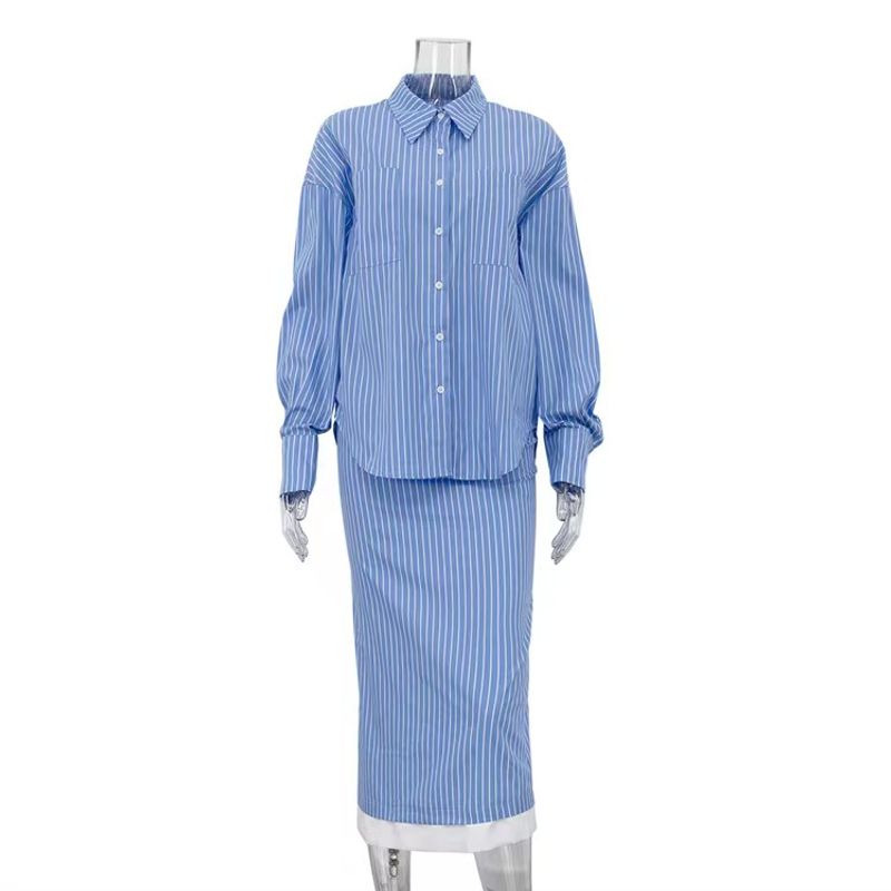 

Western Style Fashion Stripe Shirts Top Skirt Two-piece Set Shirt and Skirt Suit Set Blue S