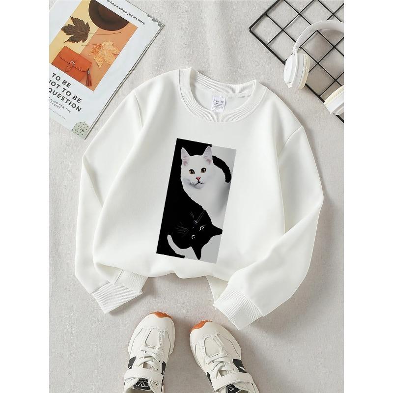 European Sizes Kids' Round-Neck Hoodie | White Cat Black Cat Yin Yang Pattern, , Sportswear and Casual Wear, Soft and Comfortable