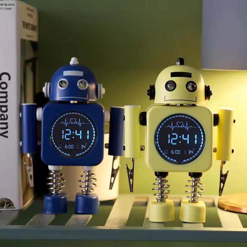 Moderne Süße Metall Roboter Digitaler Wecker Stille LED Temperaturanzeige Nachtlicht Schreibtisch Uhr für Kinderzimmer Nachttisch