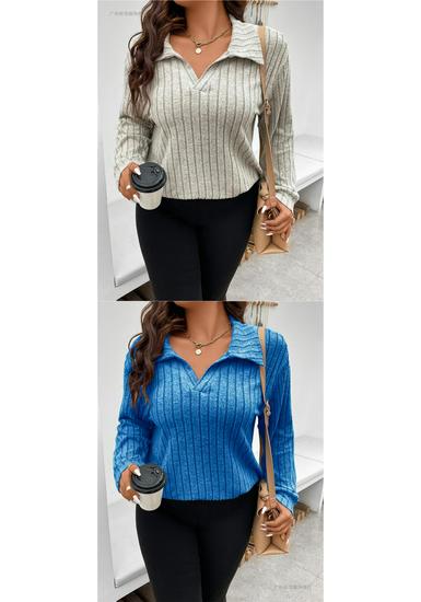 2026 Autumn/Winter Plus Size Women's V-Neck Long Sleeve Ribbed Brushed Loose Top