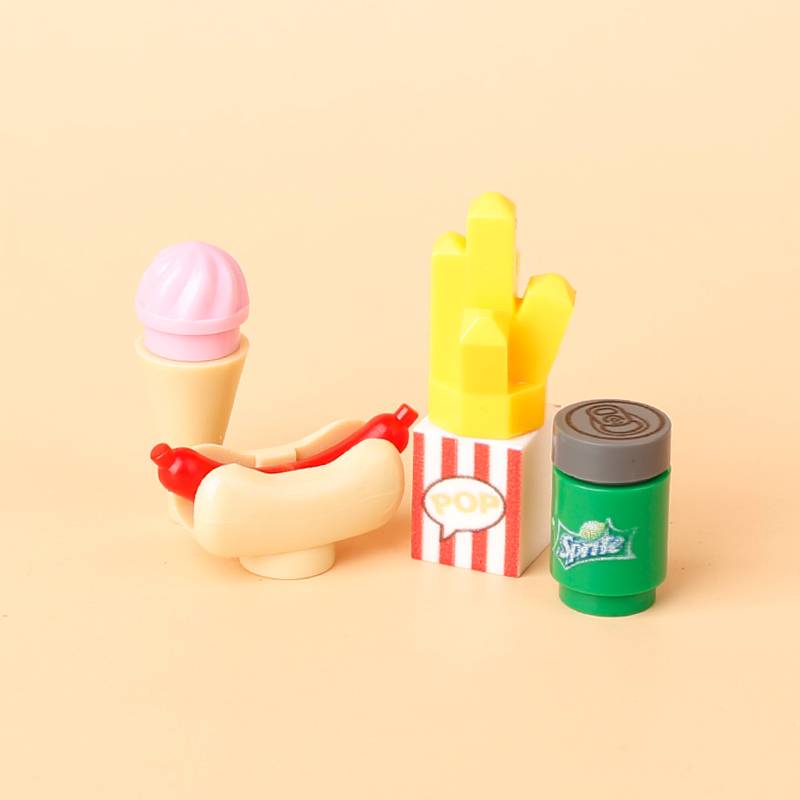 City Food Building Blocks Character Accessories Printing Set Fish Mushroom Fruit Burger Refrigerator Hot Dog Pizza Basin Toy