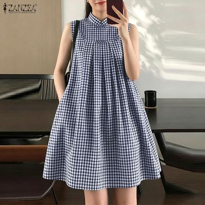 Women Casual Stand Collar Summer Sleeveless Plaid Print Dress