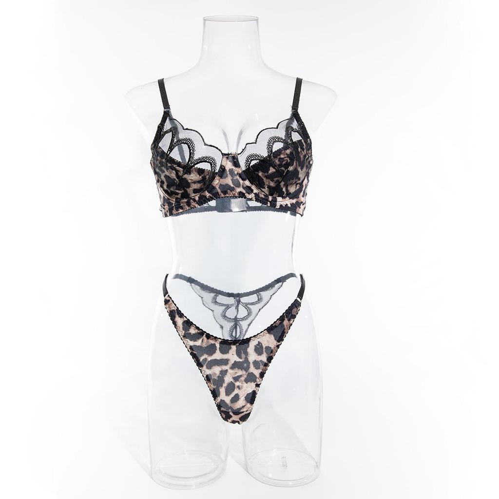 Krajková výšivka Leopardí potisk Push-up Podprsenka a Kalhotky - Sexy a Pohodlné Dámské Prádlo