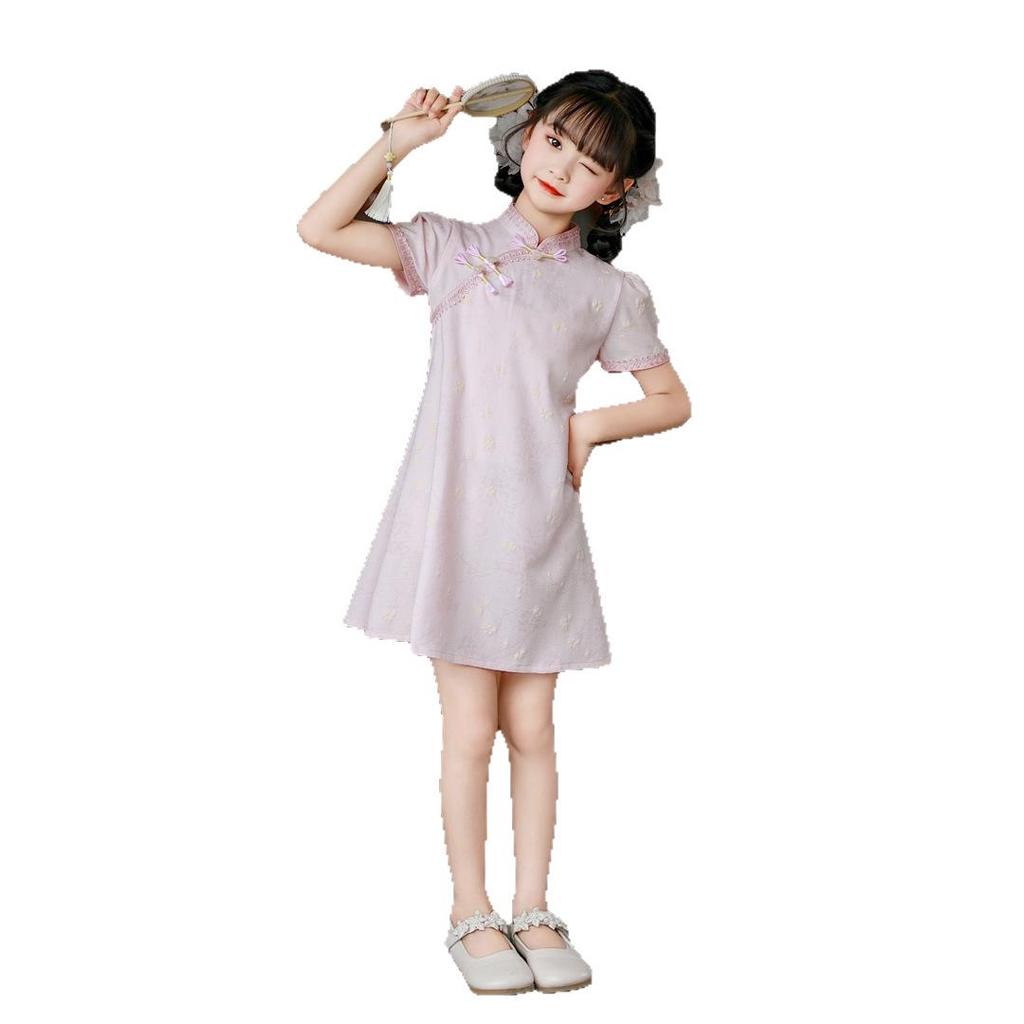2026 Pink Cheongsam Summer Dress for Girls - Princess Round Neck Design