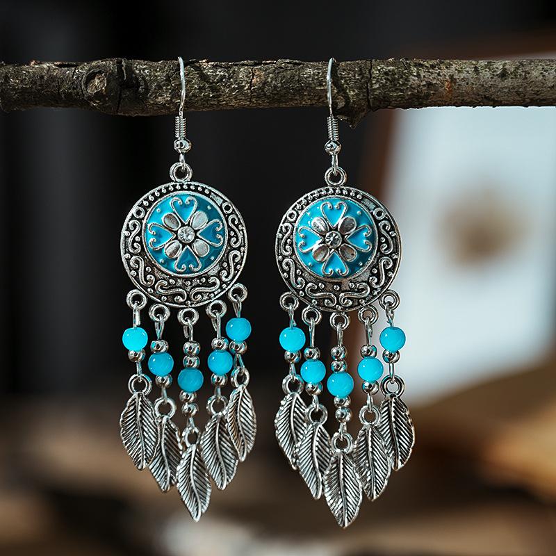 Bohemian Ethnisch Lang Blau Acryl Kristall Wassertropfen Ohrringe für Damen Retro Temperament Geometrisch Hängende Ohrringe Schmuck