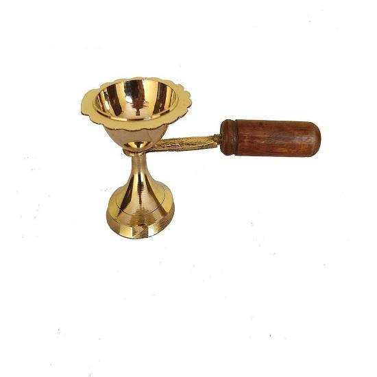 Brass Dhoop Diya With Wooden Handle