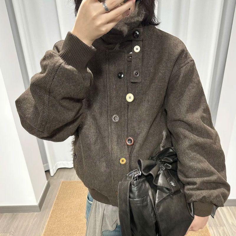 American Retro Winter Plus Velvet Warm Jacket with Golden Eagle Fur Collar for Men and Women
