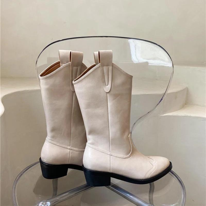 Fashion Half High Boots for Women Waterproof Mid Calf Shoes Woman Retro Pointed Toe Chic and Elegant Boot Sale Pu Quality On Offer Y2k