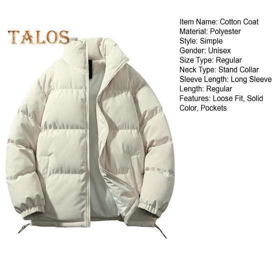 Women Men Cotton Coat Stand Collar Long Sleeve Drawstring Hem Puffer Jacket with Pockets Loose Fit Warm Winter Outerwear