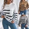Women's Knitted Jumper Crew Neck Long Sleeve Pullover Sweater Loose Striped Knitwear Tops