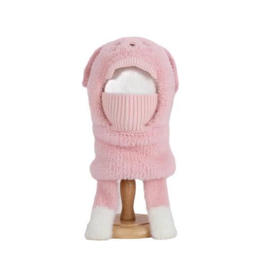Kids Hat with Face Guard Scarf Plush Inner Lining Solid Color Bear Shape Warm Windproof Knit Hat Autumn Winter Outdoor Wear