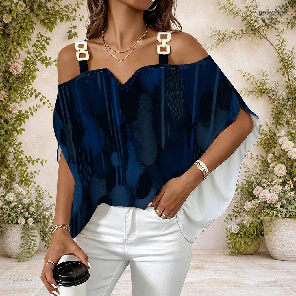 Women Plus Size Off Shoulder V Neck Short Sleeve Blue Black Abstract Print Loose Blouse