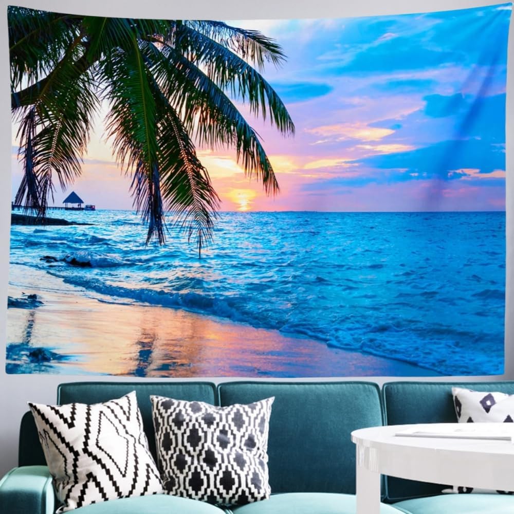 Tropical Beach Sunset Tapestry, Palm Tree Ocean Wave Wall Hanging, Aesthetic Sea Scenery Tapestry for Bedroom Living Room Decor