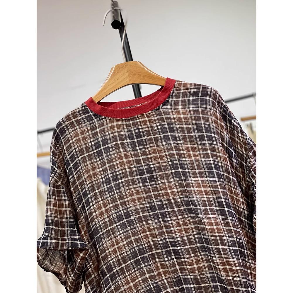 Dimanaf 2025 Summer Linen T-shirt Women Spliced Plaid Printing Short Sleeve Loose Red T-shirt