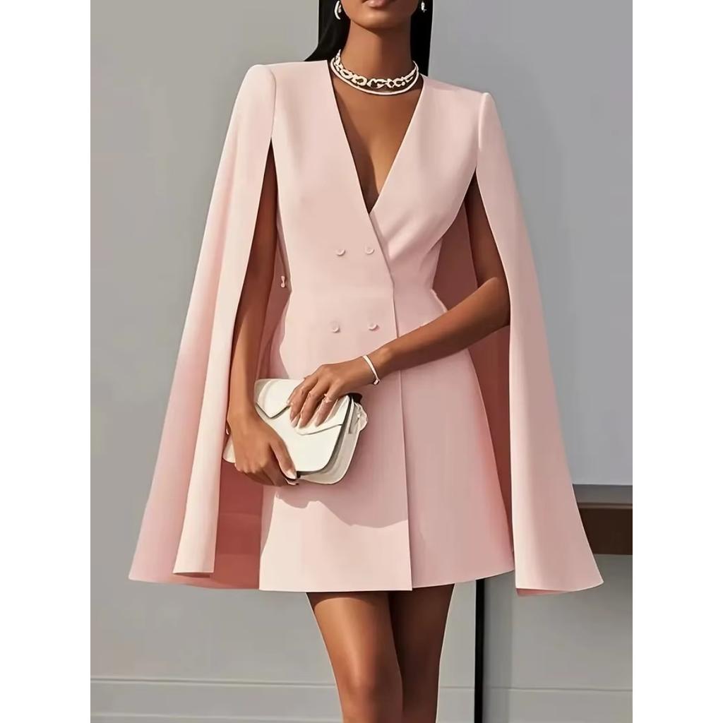LYRIA Damenmode Pendler Einfarbig Blazer Kleid Büro Zweireihig Taille Partykleid Elegant V-Ausschnitt Schalkragen Umhang Ärmel Midi Kleid