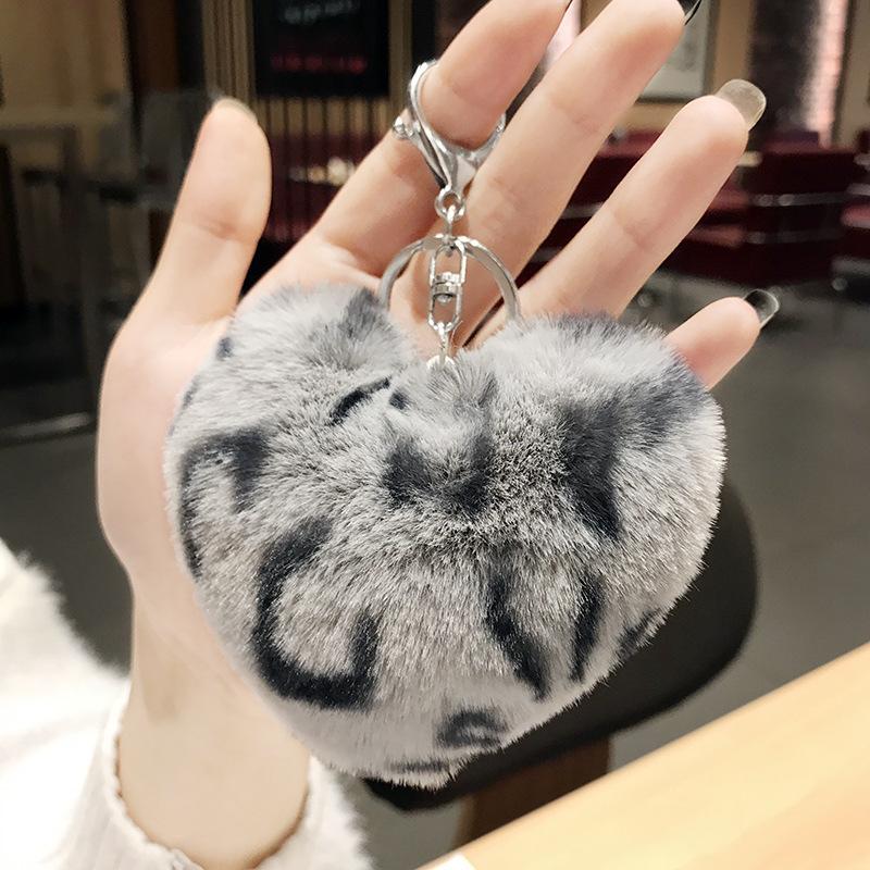Leopard love plush fur ball keychain car key chain pendant student bags New gifts Heart KeyRing K2403