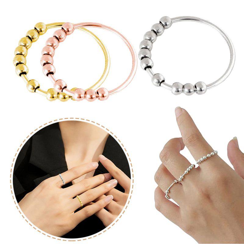 Silver Rotatable Sterling Beaded Finger Ring For Antistress Anxiety Gifts Ring