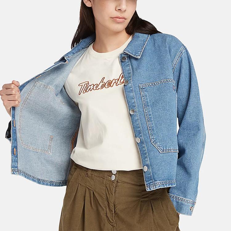Timberland Jednokolorowa zapinana na guziki kurtka dżinsowa z wieloma kieszeniami z długim rękawem damska kurtki Niebieska A6HDS-EA5