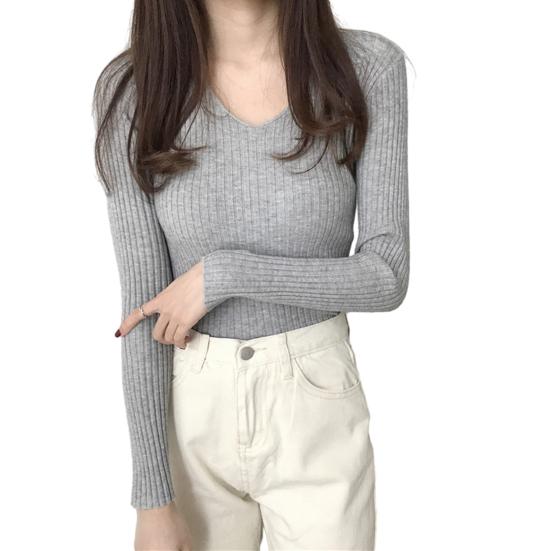 

Женский топ с V-образным вырезом, длинный рукав, облегающий свитер, однотонный цвет, ребристый низ серый