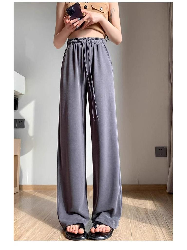 Damen Graue Hochtaillierte Cupro Sommerhose mit Weitem Bein - Petite, Leicht, Gerades Bein (145-150cm)