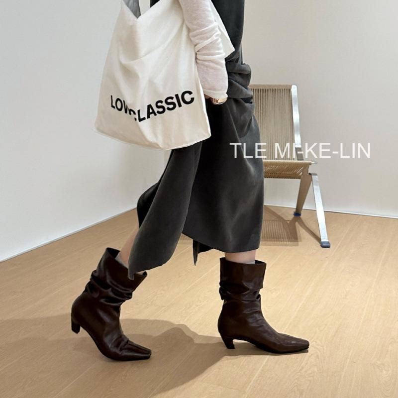 French pointed toe wedge short boots women's 2025 autumn and winter retro pleated piled boots slim short boots