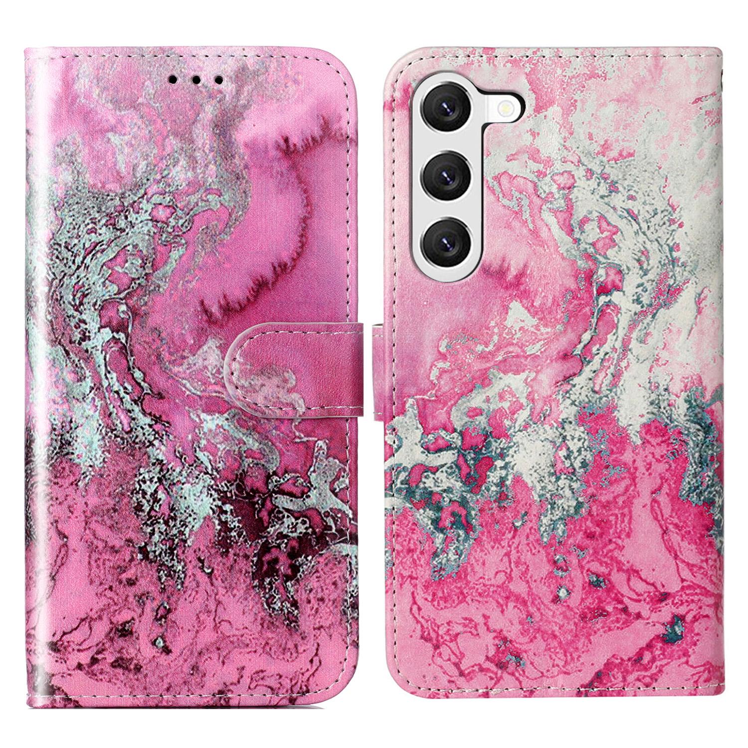 

For Samsung Galaxy S24 Case Marble Pattern Leather Phone Wallet Stand Cover Pink Sea Water