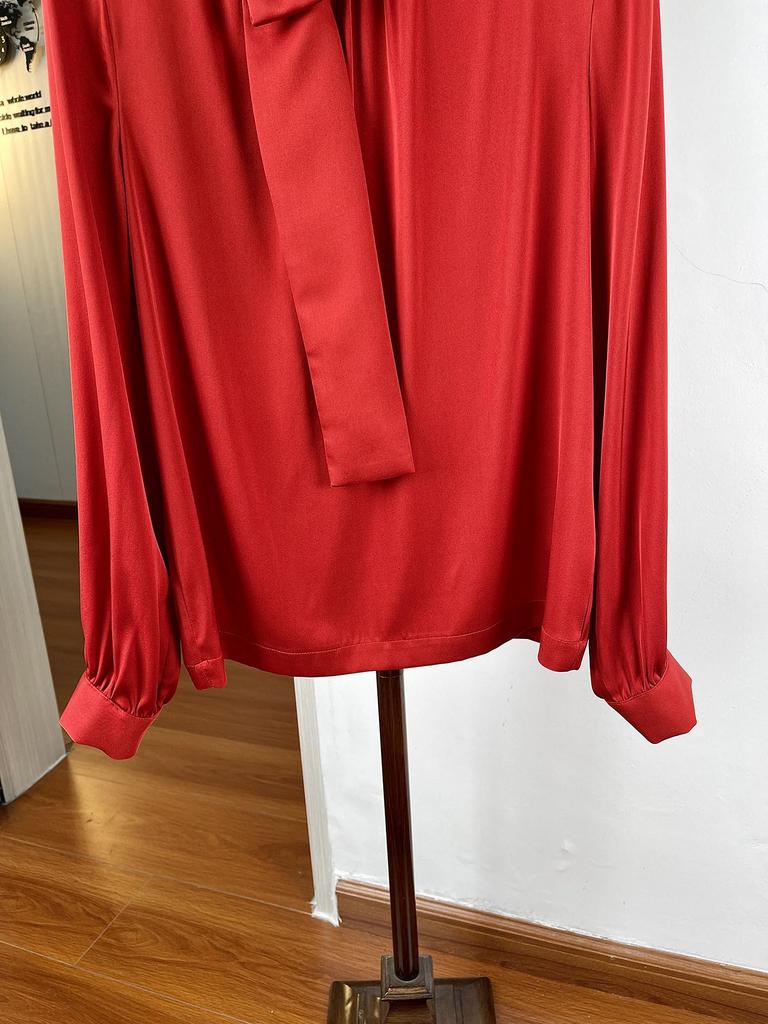 Women's Elegant Stand Collar Silk Bow Blouse, Long Sleeve, Mulberry Silk Ribbon, Commuting Style