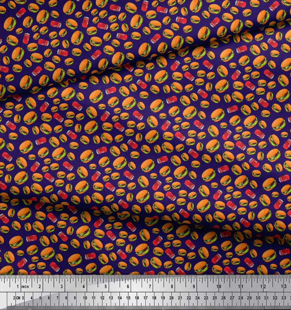 Soimoi Japan Crepe Satin Fabric Coke & Burger Food Printed Craft Fabric by the Metre 42 Inch