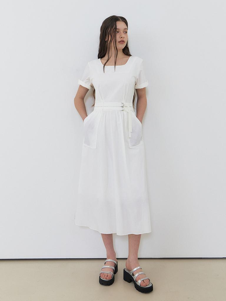 Etmont 2-Way Sleeve Belted Dress, White