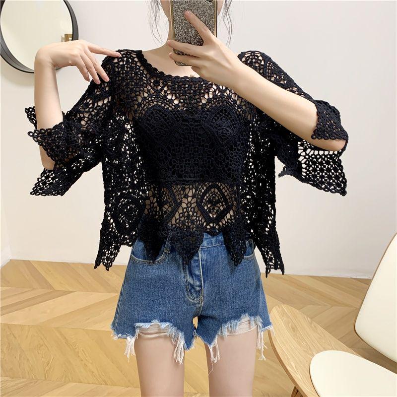 2025 Women's Casual Lace Blouse: Short Sleeve Crochet Shawl, Hollow Out, Fashionable Knit Top