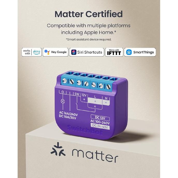 SwitchBot Smart Relay Switch 1,Smart Relay Module with Built-in Hub, Wi-Fi&Bluetooth Switch Compatible with Alexa/Apple Homekit/Google Home/Matter