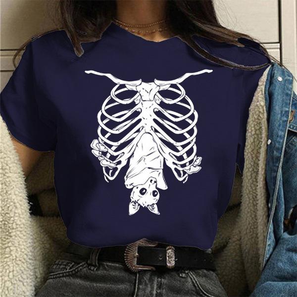 Bat Skull Skeleton Print Women T Shirt Short Sleeve O Neck Loose Women Tshirt Ladies Tee Shirt Tops Clothes Camisetas Mujer
