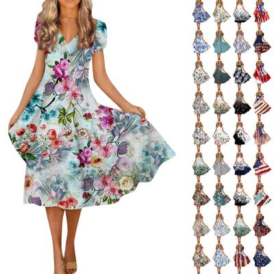 Women's Spring And Summer Fashion V Neck Short Sleeve Flower Printed Loose Hem Dress
