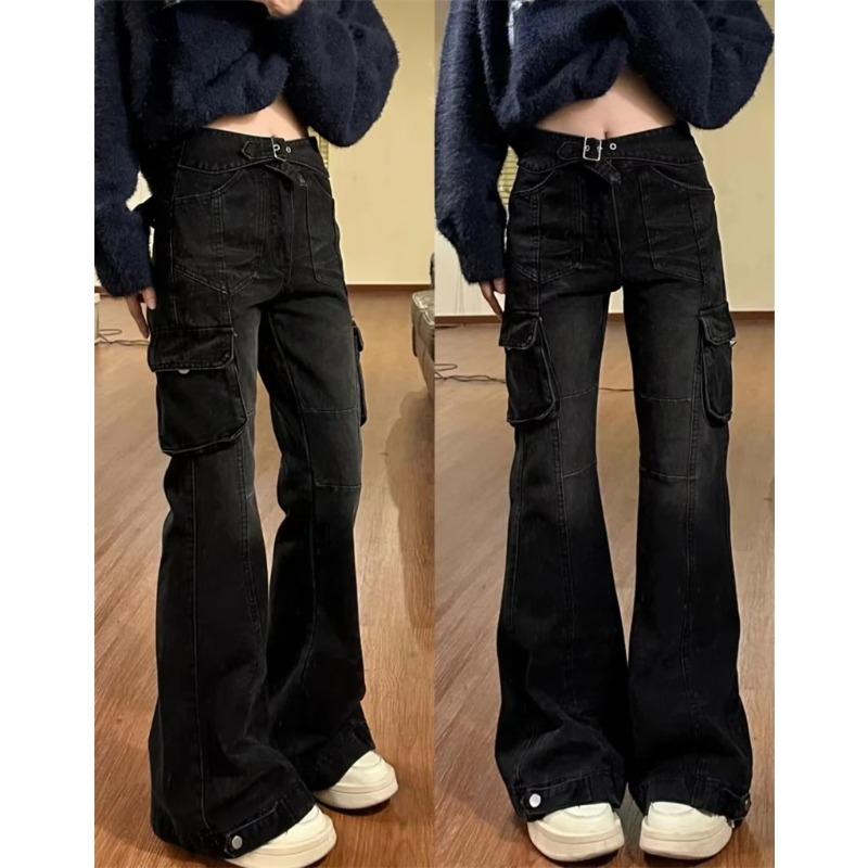 

Офисные женские черные джинсы-клеш, узкие брюки-клеш Gyaru, модные джинсовые брюки с несколькими карманами, американский ретро 2000-х годов