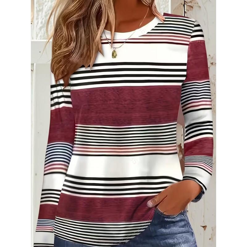 Color Block Striped Crew Neck Long Sleeve T-Shirt Slim Fit Casual Top Daily Wear